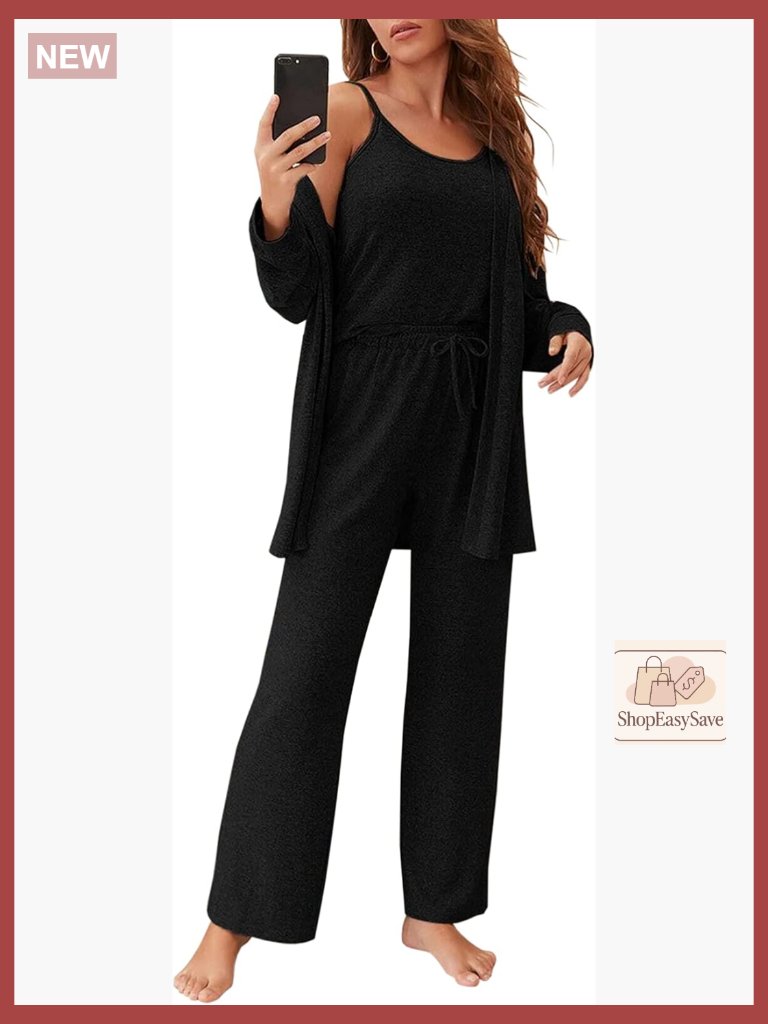 3 Piece Pajama Set Cami Tank Top Wide Leg Pants Cardigan Loungewear Lounge Set